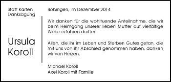 Traueranzeige von Ursula Koroll von Gmünder Tagespost