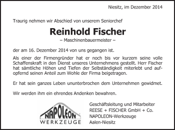 Traueranzeige von Reinhold Fischer von Schwäbische Post