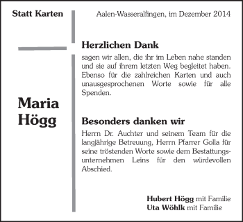 Traueranzeige von Maria Högg von Schwäbische Post