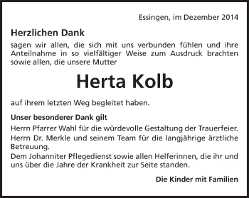 Traueranzeige von Herta Kolb von Schwäbische Post