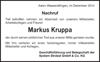 Traueranzeige von Markus Kruppa von Schwäbische Post