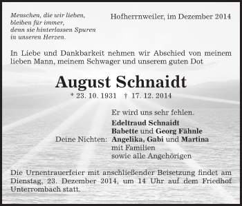 Traueranzeige von August Schnaidt von Schwäbische Post