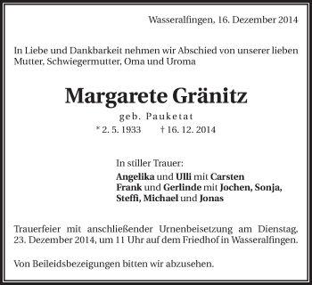 Traueranzeige von Margarete Gränitz von Schwäbische Post