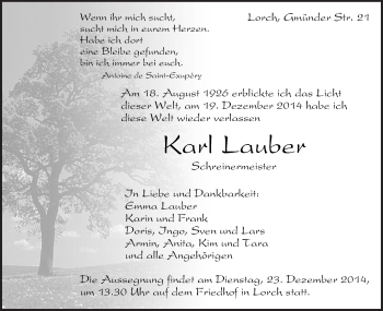 Traueranzeige von Karl Lauber von Gmünder Tagespost