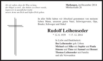 Traueranzeige von Rudolf Leihenseder von Gmünder Tagespost