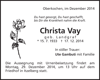 Traueranzeige von Christa Vay von Schwäbische Post
