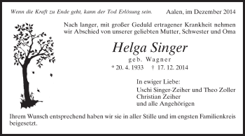Traueranzeige von Helga Singer von Schwäbische Post