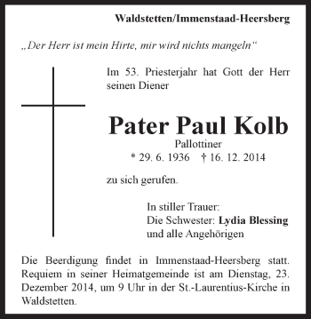 Traueranzeige von Paul Kolb von Gmünder Tagespost