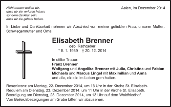 Traueranzeige von Elisabeth Brenner von Schwäbische Post