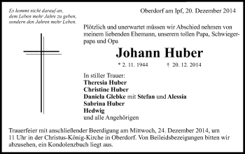 Traueranzeige von Johann Huber von Schwäbische Post