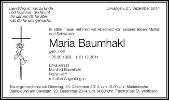 Traueranzeige von Maria Baumhakl von Schwäbische Post
