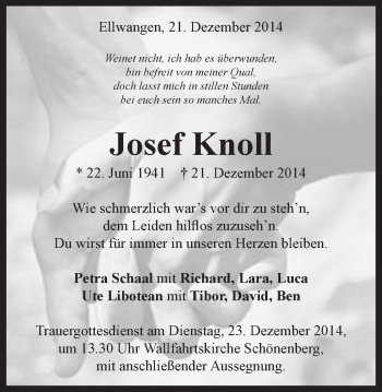 Traueranzeige von Josef Knoll von Schwäbische Post