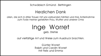 Traueranzeige von Inge Worret von Gmünder Tagespost