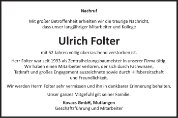Traueranzeige von Ulrich Folter von Gmünder Tagespost