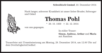 Traueranzeige von Thomas Pohl von Gmünder Tagespost