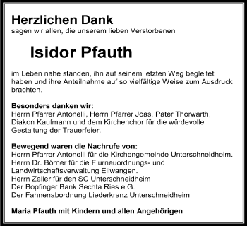 Traueranzeige von Isidor Pfauth von Schwäbische Post