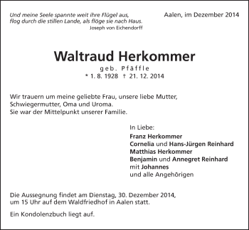 Traueranzeige von Waltraud Herkommer von Schwäbische Post