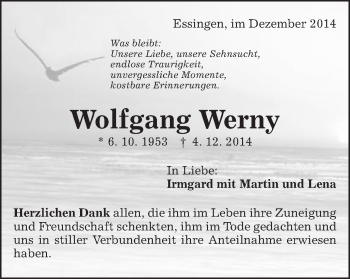 Traueranzeige von Wolfgang Werny von Schwäbische Post