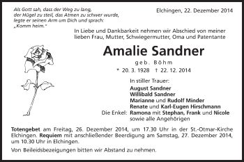 Traueranzeige von Amalie Sandner von Schwäbische Post