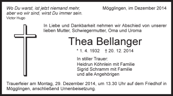 Traueranzeige von Thea Bellanger von Gmünder Tagespost