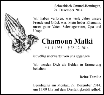 Traueranzeige von Chamoun Malki von Gmünder Tagespost