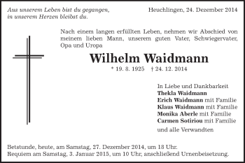Traueranzeige von Wilhelm Waidmann von Gmünder Tagespost