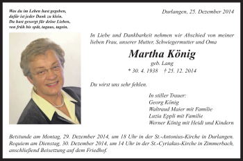 Traueranzeige von Martha König von Gmünder Tagespost