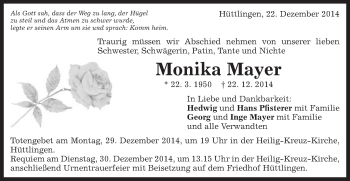 Traueranzeige von Monika Mayer von Schwäbische Post
