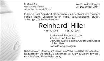 Traueranzeige von Reinhard Hiller von Gmünder Tagespost
