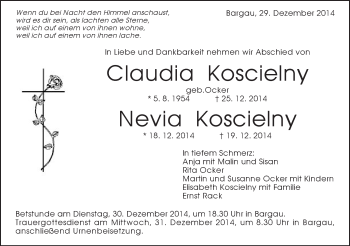 Traueranzeige von Claudia und Nevia Koscielny von Gmünder Tagespost