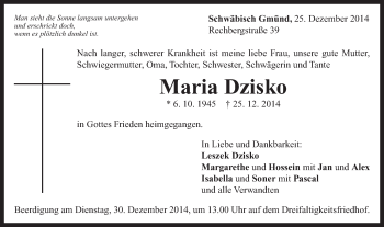 Traueranzeige von Maria Dzisko von Gmünder Tagespost