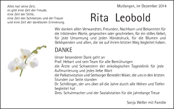 Traueranzeige von Rita Leobold von Gmünder Tagespost