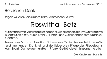 Traueranzeige von Roswitha Betz von Gmünder Tagespost