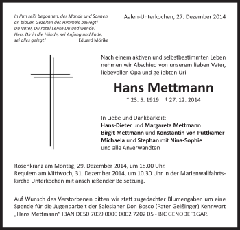 Traueranzeige von Hans Mettmann von Schwäbische Post