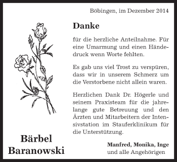 Traueranzeige von Bärbel Baranowski von Gmünder Tagespost