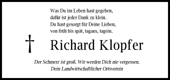 Traueranzeige von Richard Klopfer von Schwäbische Post