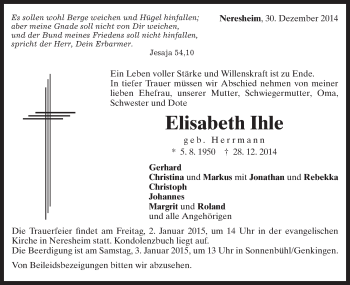 Traueranzeige von Elisabeth Ihle von Schwäbische Post