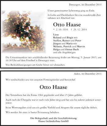 Traueranzeige von Otto Haase von Schwäbische Post