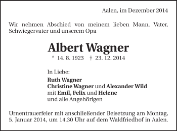 Traueranzeige von Albert Wagner von Schwäbische Post