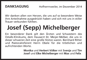 Traueranzeige von Josef Michelberger von Schwäbische Post
