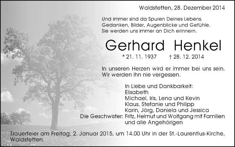  Traueranzeige für Gerhard Henkel vom 30.12.2014 aus Gmünder Tagespost