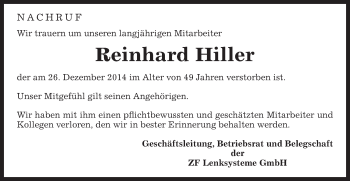 Traueranzeige von Reinhard Hiller von Gmünder Tagespost