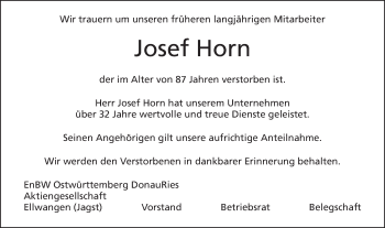 Traueranzeige von Josef Horn von Schwäbische Post