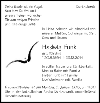 Traueranzeige von Hedwig Funk von Gmünder Tagespost