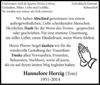 Traueranzeige von Hannelore Herzig von Gmünder Tagespost