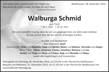 Traueranzeige von Walburga Schmid von Schwäbische Post