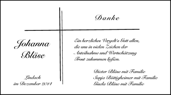 Traueranzeige von Johanna Bläse von Gmünder Tagespost