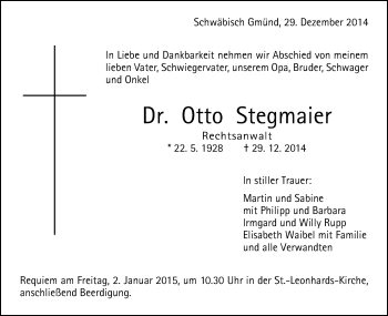 Traueranzeige von Otto Stegmaier von Gmünder Tagespost