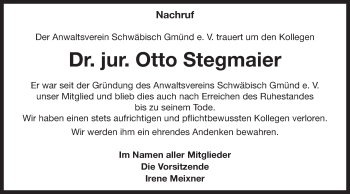 Traueranzeige von Otto Stegmaier von Gmünder Tagespost