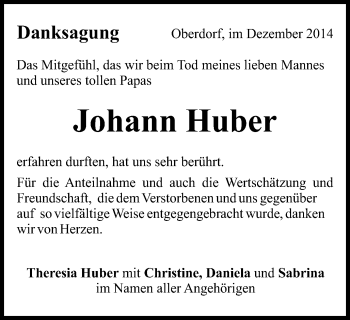 Traueranzeige von Johann Huber von Schwäbische Post